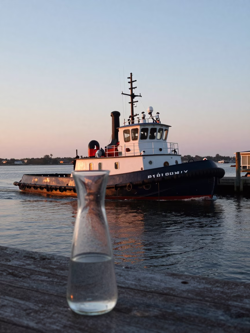 Early Morning Charleston Harbor Tugboat and Glass Carafe Before Dawn in in Charleston, South Carolina, United States
