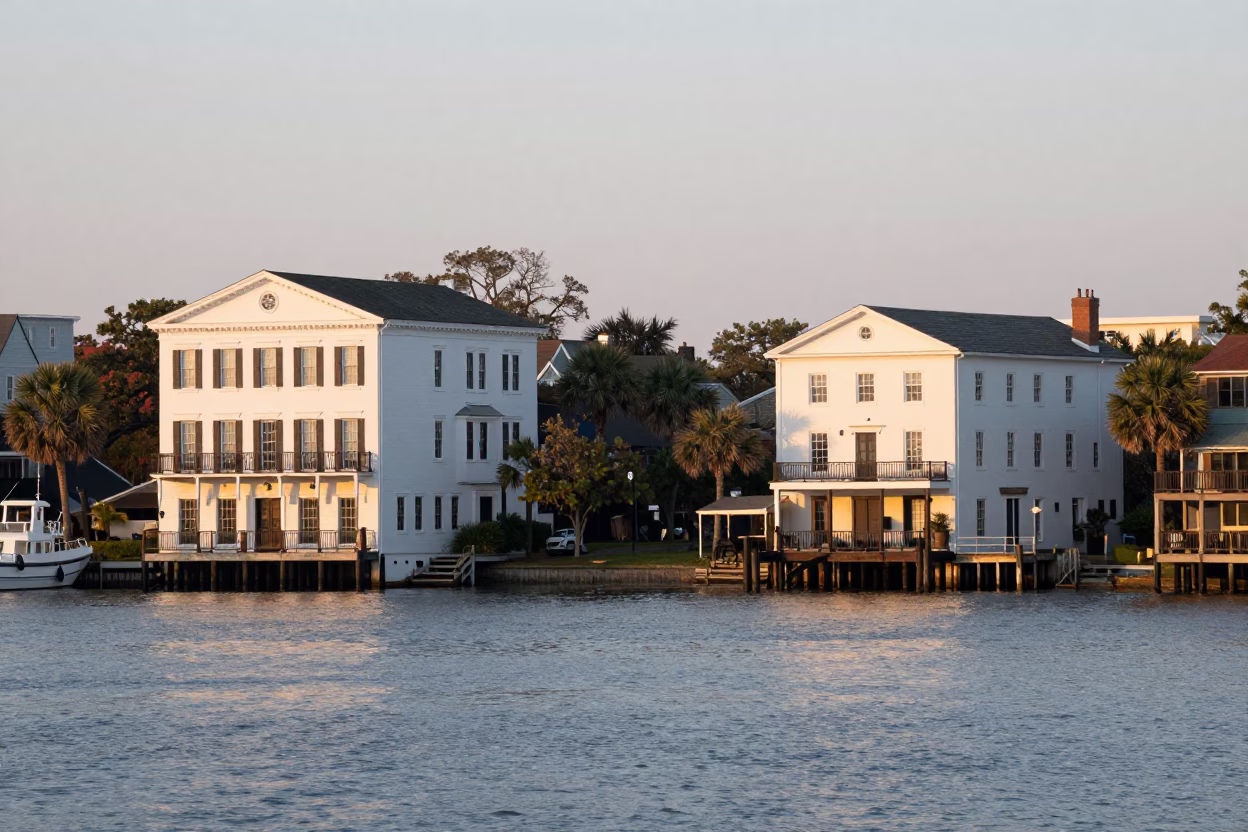 Early Morning Charleston Harbor View with Historic Architecture and Morning Light in in Charleston, South Carolina, United States