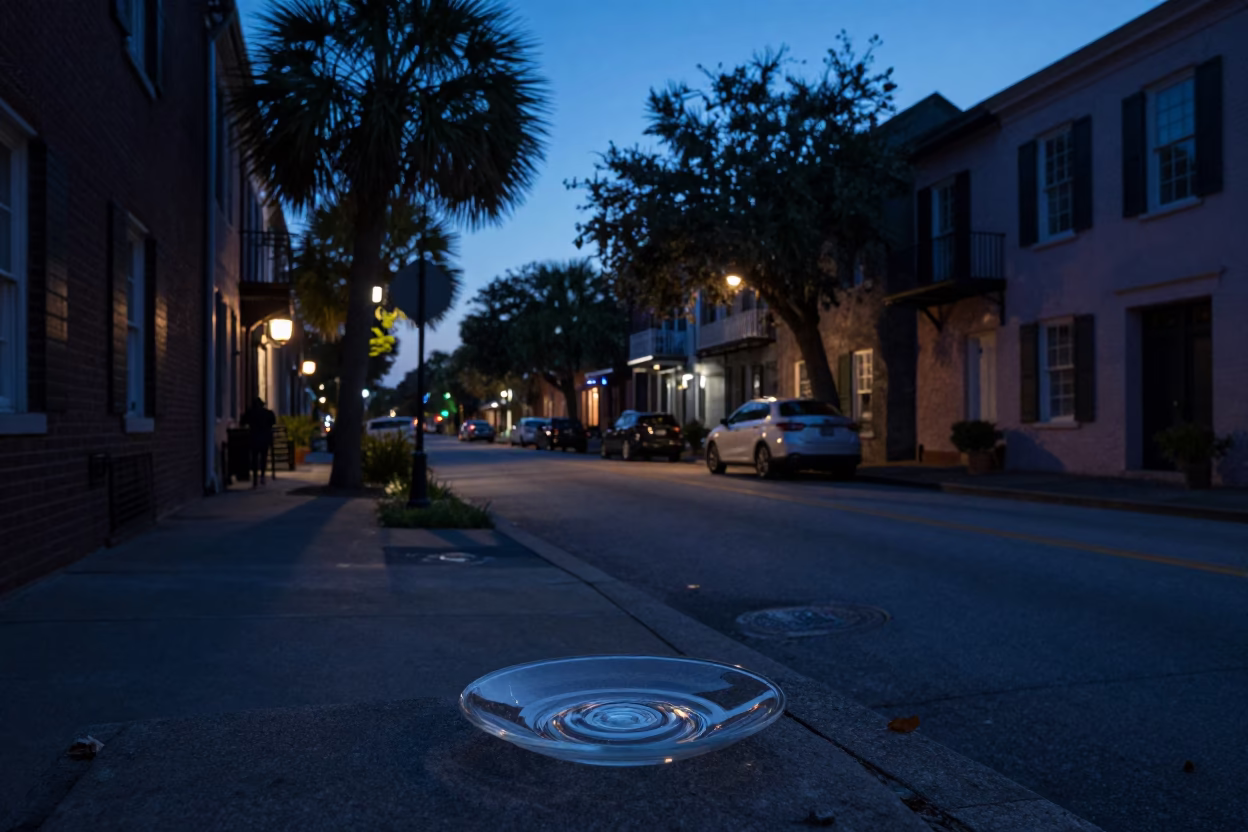 Early Morning Charleston Street Scene Before Dawn with Vintage 1970s Details in in Charleston, South Carolina, United States