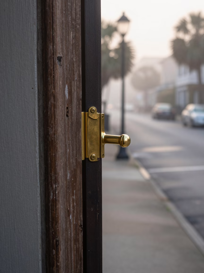 Early Morning Charleston Street Scene with Brass Hardware and Misty Atmosphere in in Charleston, South Carolina, United States
