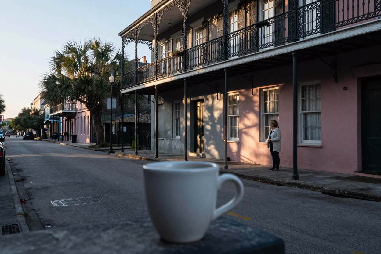 Early Morning Charleston Street Scene with Ceramic Cup and Cardigan in in Charleston, South Carolina, United States