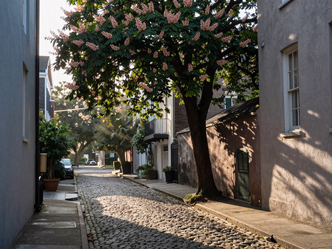 Early Morning Charleston Street Scene with Chestnut Tree and Vintage Tea Kettles in in Charleston, South Carolina, United States
