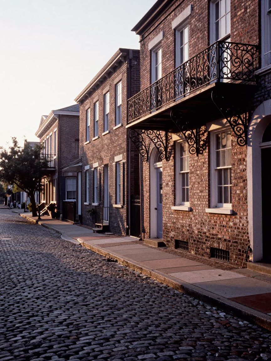 Early Morning Charleston Street Scene with Cobblestones and Historic Architecture in in Charleston, South Carolina, United States