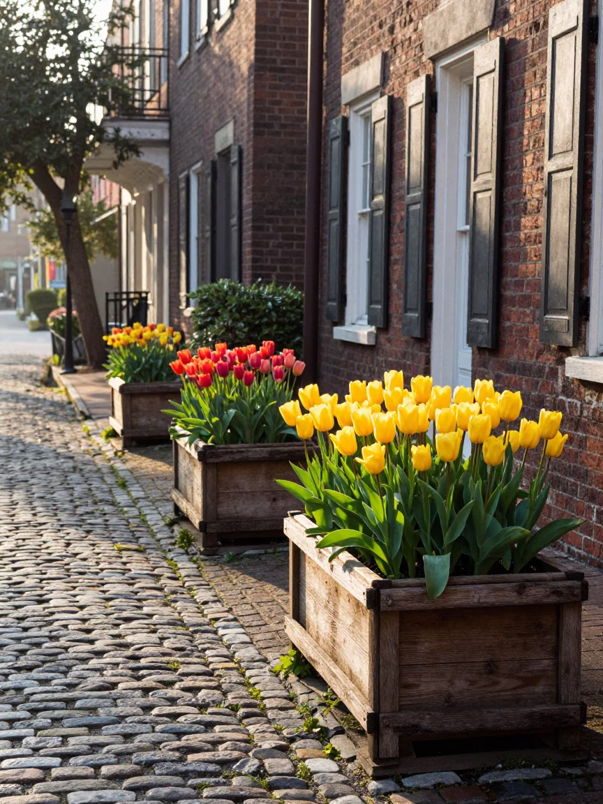 Early Morning Charleston Street Scene with Colorful Tulips and Local Bakery Display in in Charleston, South Carolina, United States