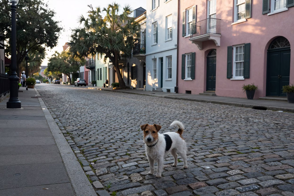 Early Morning Charleston Street Scene with Dog and Historic Architecture in in Charleston, South Carolina, United States