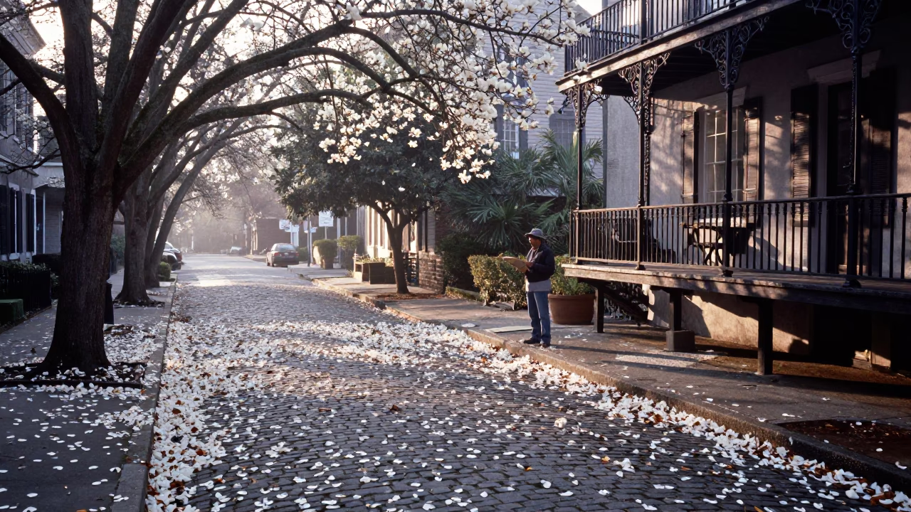 Early Morning Charleston Street Scene with Fallen Petals and Local Commerce in in Charleston, South Carolina, United States