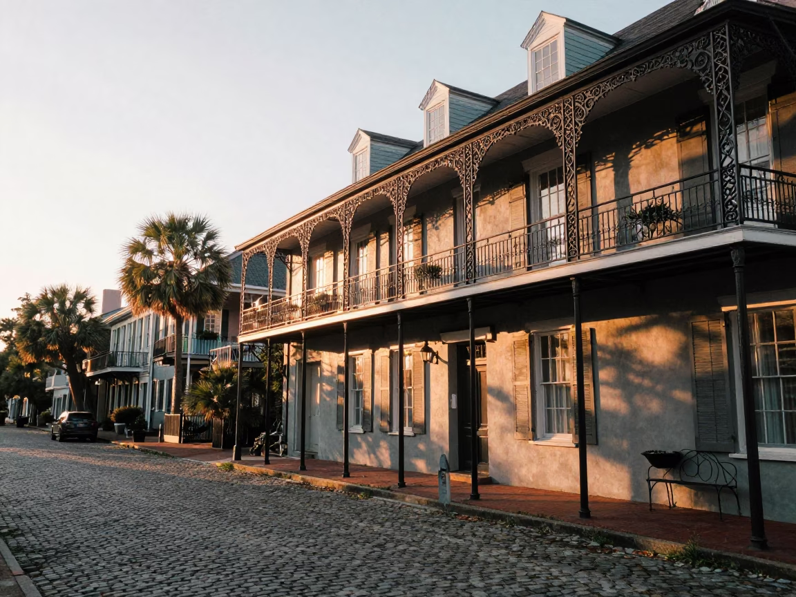 Early Morning Charleston Street Scene with Historic Architecture and Morning Light in in Charleston, South Carolina, United States