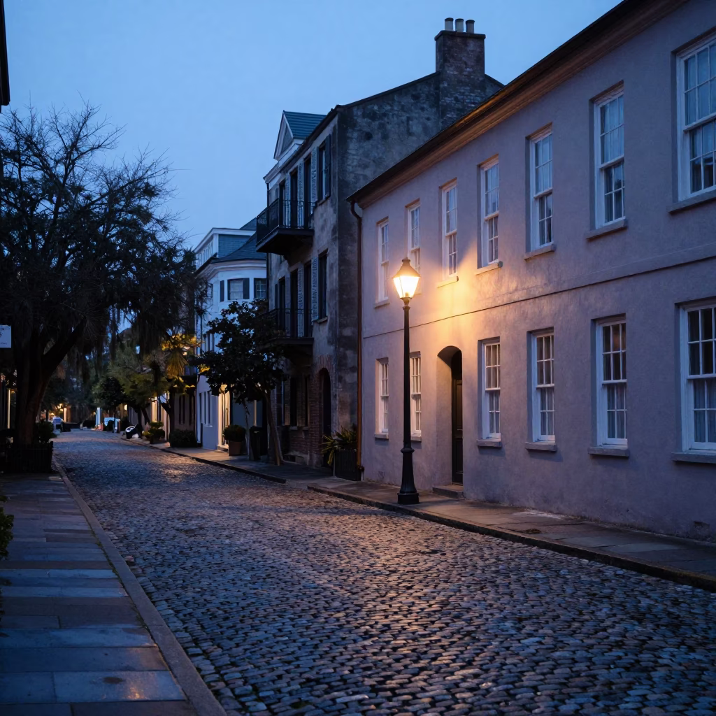 Early Morning Charleston Street Scene with Historic Architecture and Pre-Dawn Light in in Charleston, South Carolina, United States