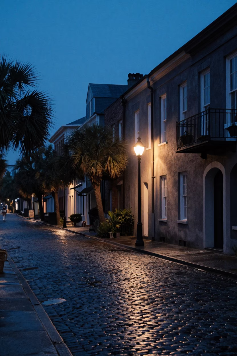 Early Morning Charleston Street Scene With Historic Architecture And Wet Cobblestones Before Sunrise in in Charleston, South Carolina, United States