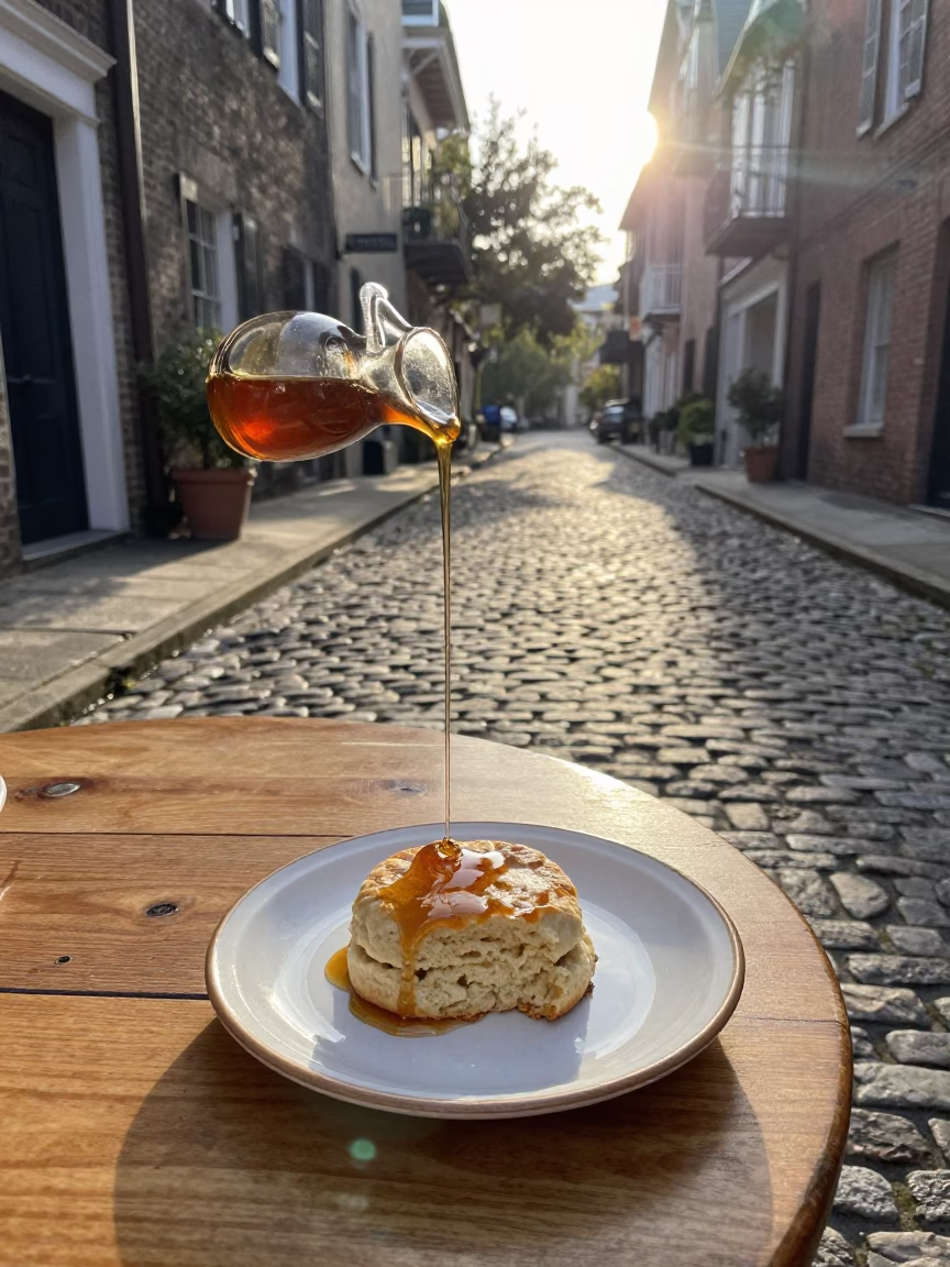 Early Morning Charleston Street Scene with Honey Dripping Dipper in in Charleston, South Carolina, United States
