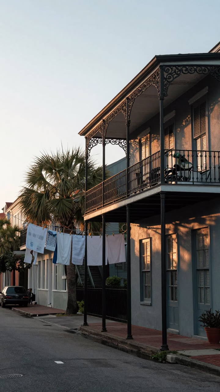 Early Morning Charleston Street Scene with Laundry Pins and Embroidered Cushion in in Charleston, South Carolina, United States