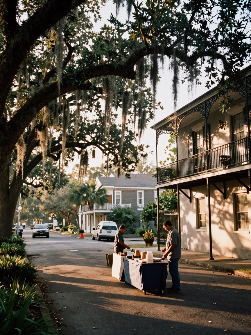 Early Morning Charleston Street Scene with Local Vendors and Historic Architecture in in Charleston, South Carolina, United States