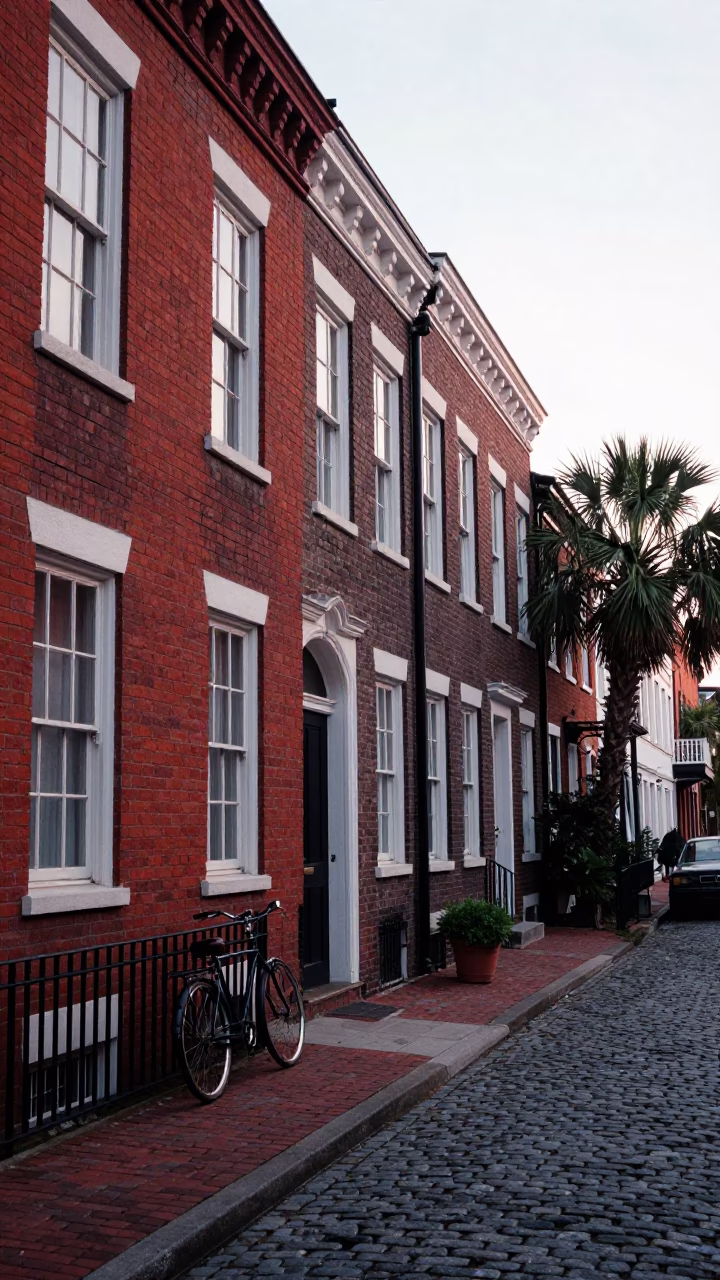 Early Morning Charleston Street Scene with Red Brick Buildings and Historic Architecture in in Charleston, South Carolina, United States