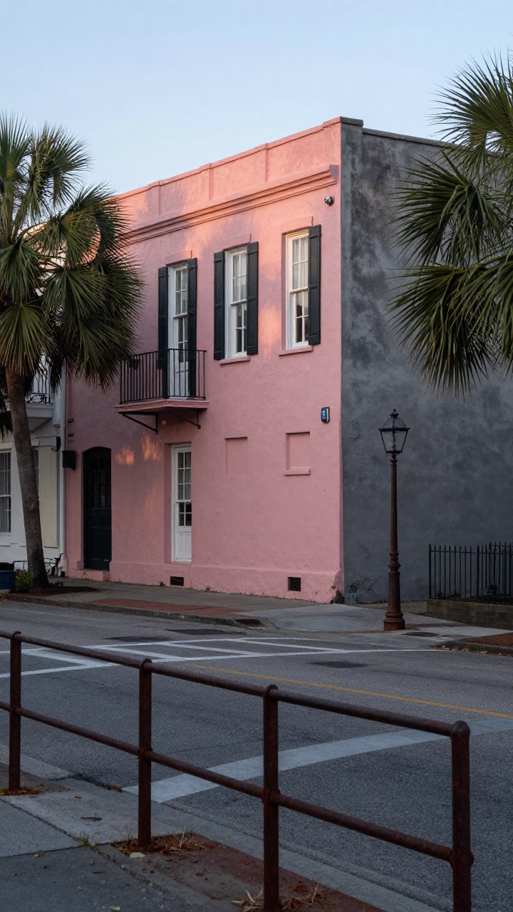 Early Morning Charleston Street Scene with Rusty Railings and Historic Architecture in in Charleston, South Carolina, United States