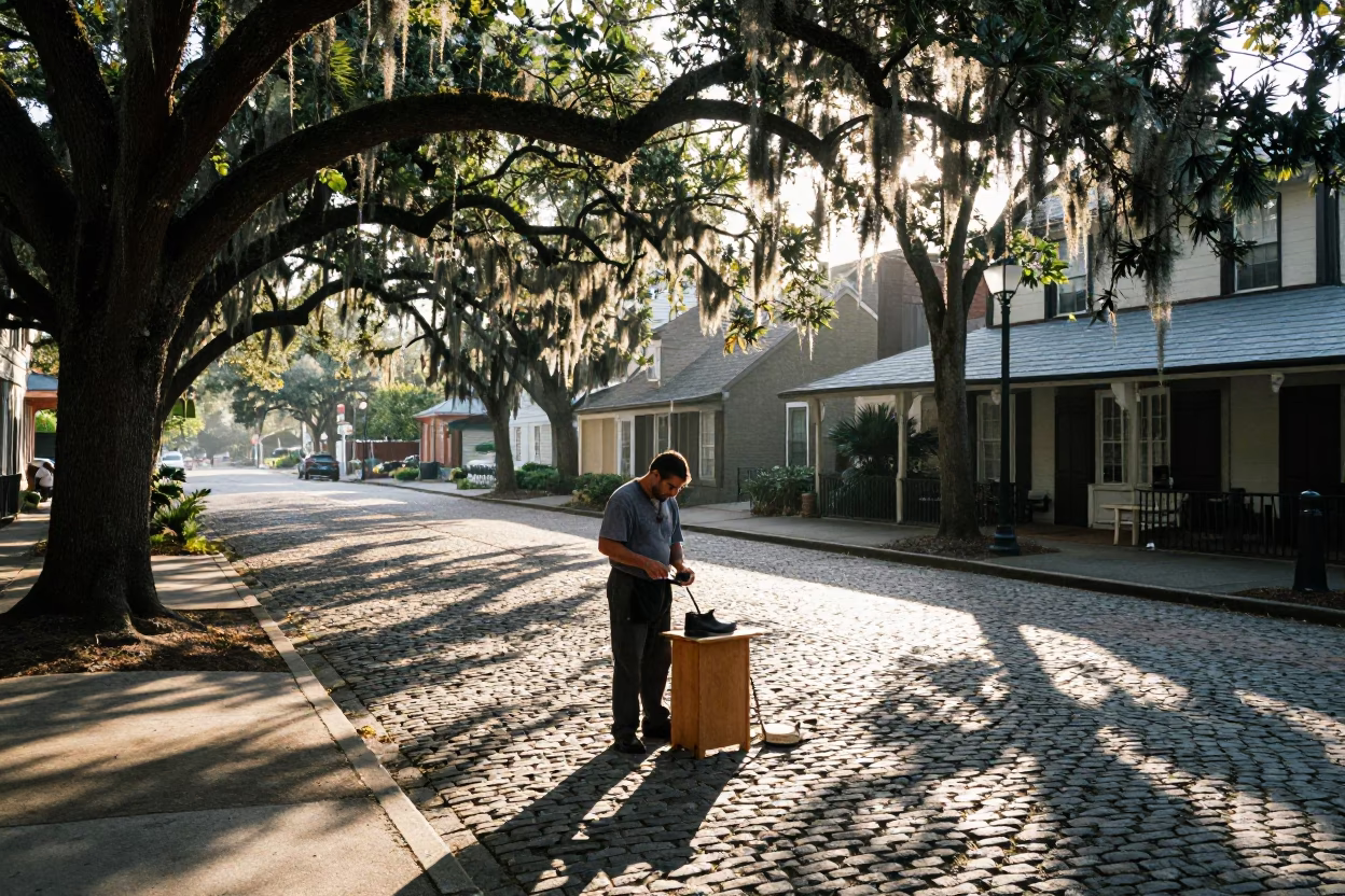 Early Morning Charleston Street Scene with Shoe Shine and Vintage Car in in Charleston, South Carolina, United States