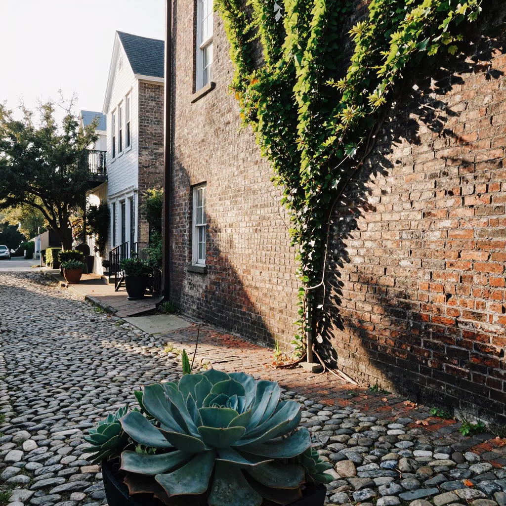 Early Morning Charleston Street Scene with Succulents and Historic Architecture in in Charleston, South Carolina, United States