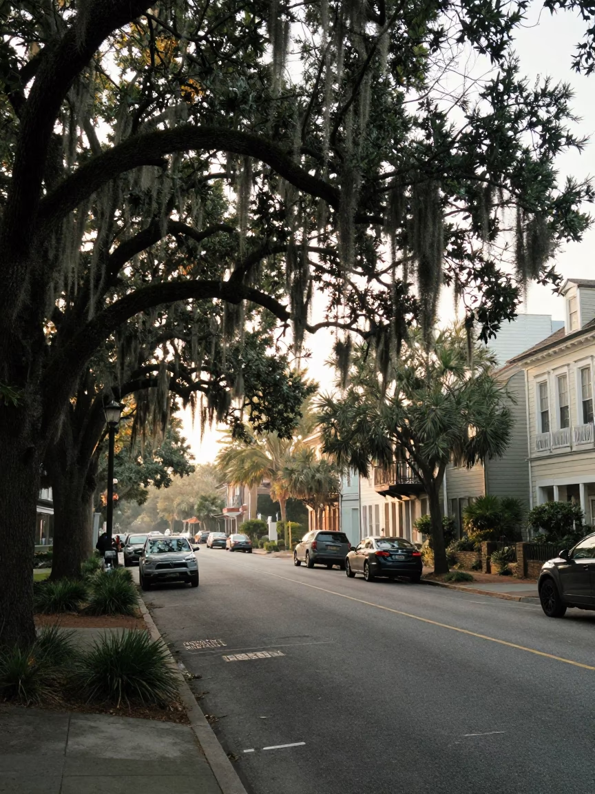Early Morning Charleston Street Scene with Vintage 1980s Aesthetic and Local Details in in Charleston, South Carolina, United States
