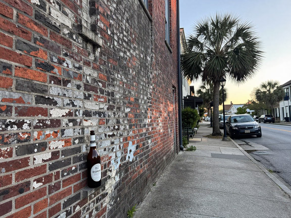 Early Morning Charleston Street Scene with Vintage Bottle and Dry Dock Background in in Charleston, South Carolina, United States