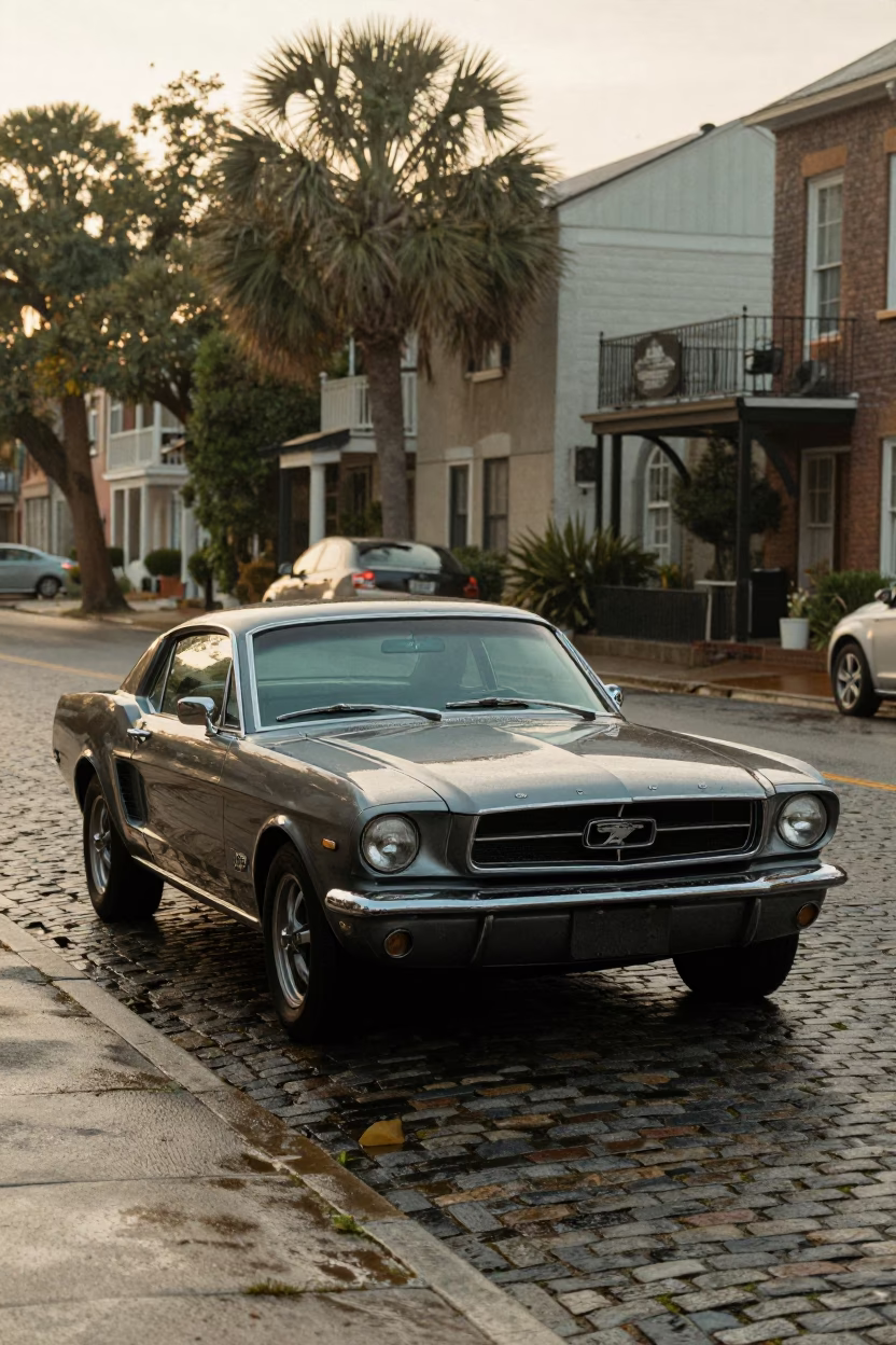 Early Morning Charleston Street Scene with Vintage Car and Historic Architecture in in Charleston, South Carolina, United States