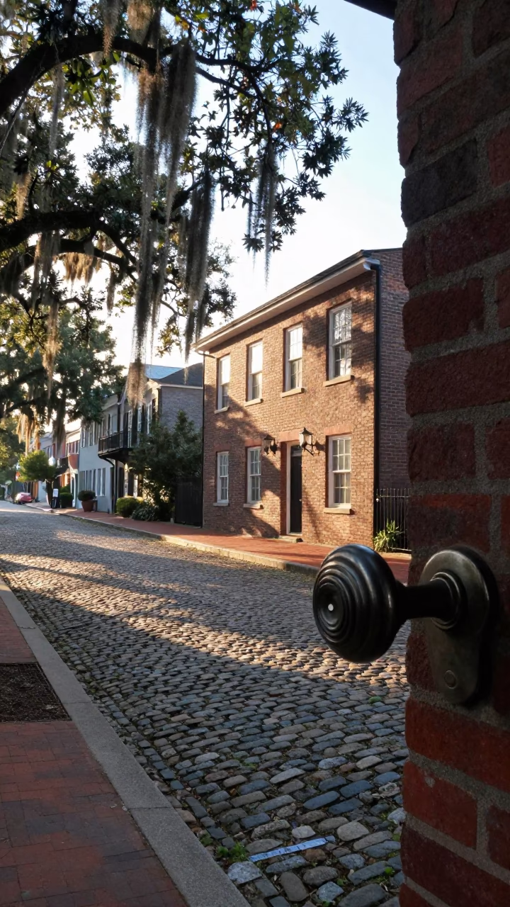 Early Morning Charleston Street Scene with Vintage Doorknob Detail in in Charleston, South Carolina, United States