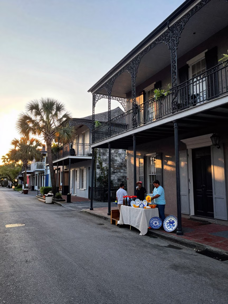 Early Morning Charleston Street Scene with Vintage Majolica Plate and Pearl Necklaces Display in in Charleston, South Carolina, United States