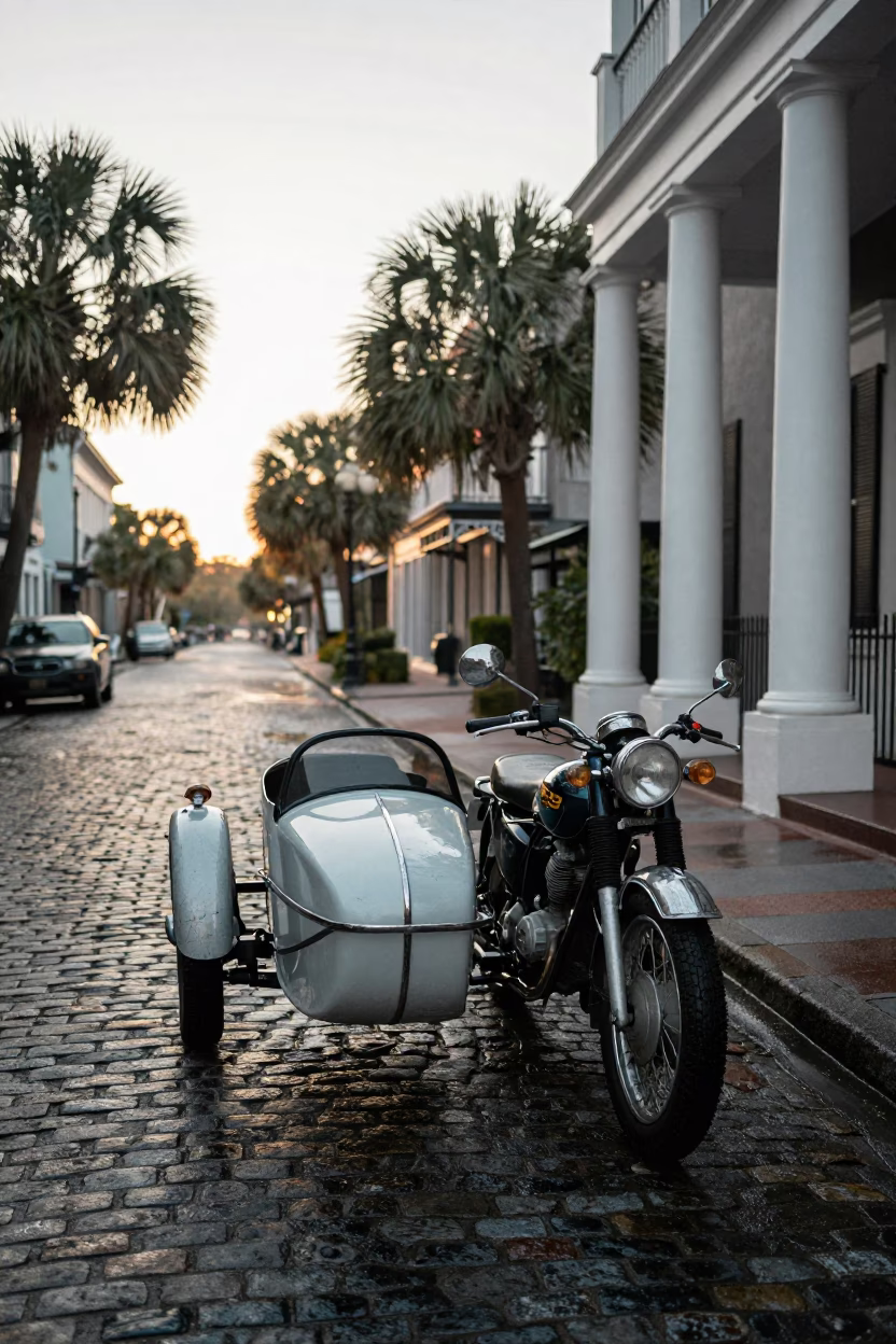 Early Morning Charleston Street Scene with Vintage Motorcycle and Sidecar in in Charleston, South Carolina, United States