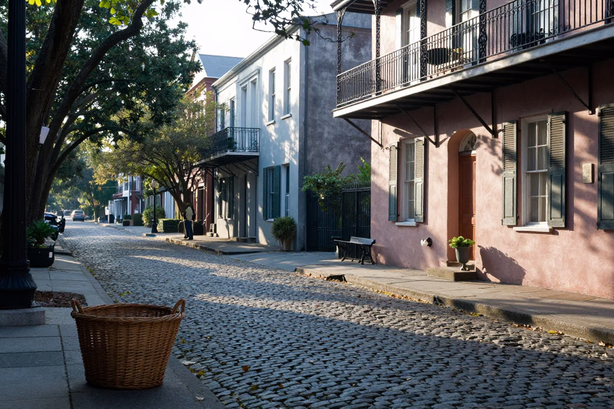 Early Morning Charleston Street Scene with Wicker Basket and Local Commerce in in Charleston, South Carolina, United States