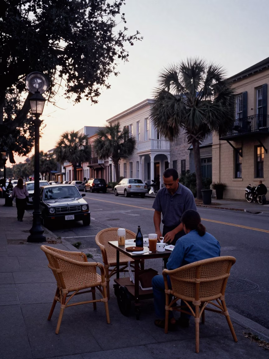 Early Morning Charleston Street Scene with Woven Cane Furniture and Dawn Light in in Charleston, South Carolina, United States