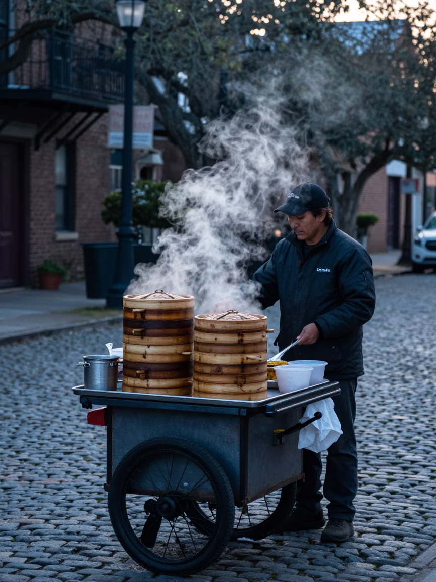 Early Morning Charleston Street Vendor Selling Hot Food Before Sunrise in in Charleston, South Carolina, United States