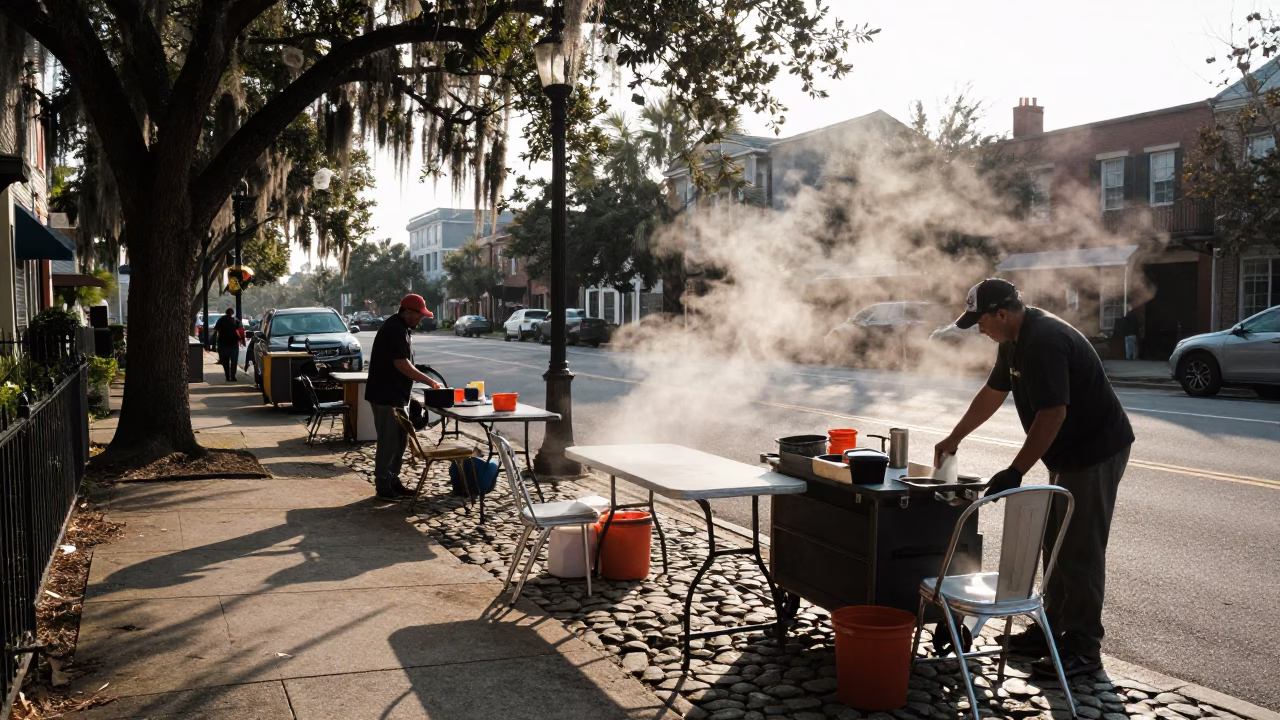 Early Morning Charleston Street Vendor Setup with Folding Tables and Horsetail Plants in in Charleston, South Carolina, United States