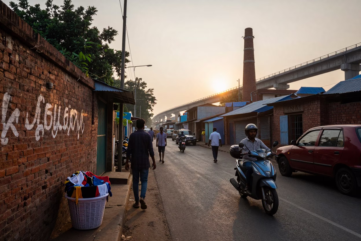Early Morning Chennai Street Life with Laundry Basket and Brick Kiln Background in in Chennai, India