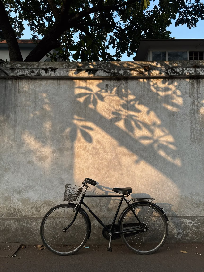 Early Morning Chennai Street Scene Bicycle Leaning Against Cafe Wall Before Sunrise in in Chennai, India