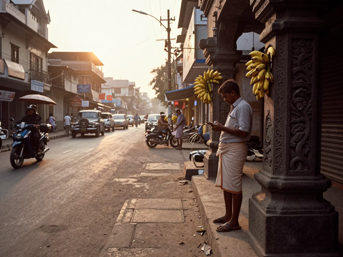 Early Morning Chennai Street Scene with Bananas and Traditional Architecture in in Chennai, India