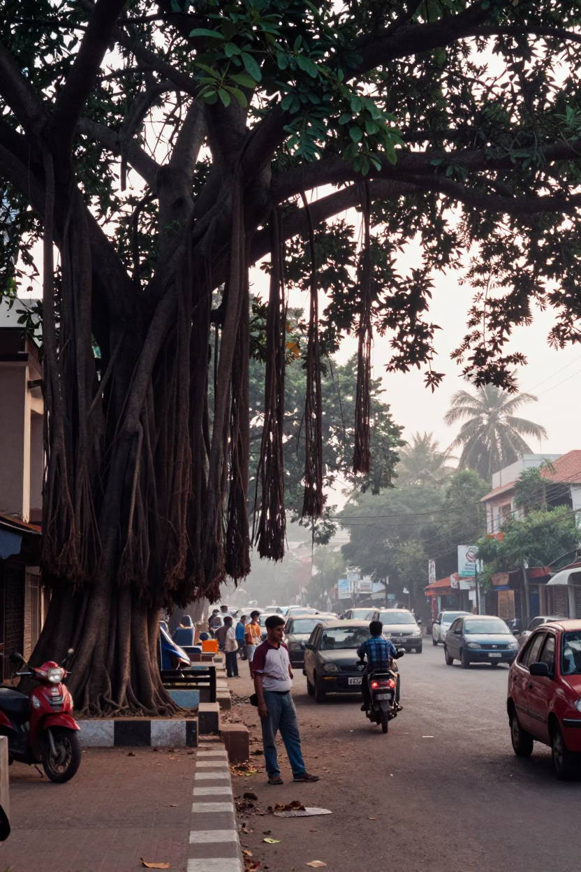 Early Morning Chennai Street Scene with Banyan Tree and Local Market Activity in in Chennai, India