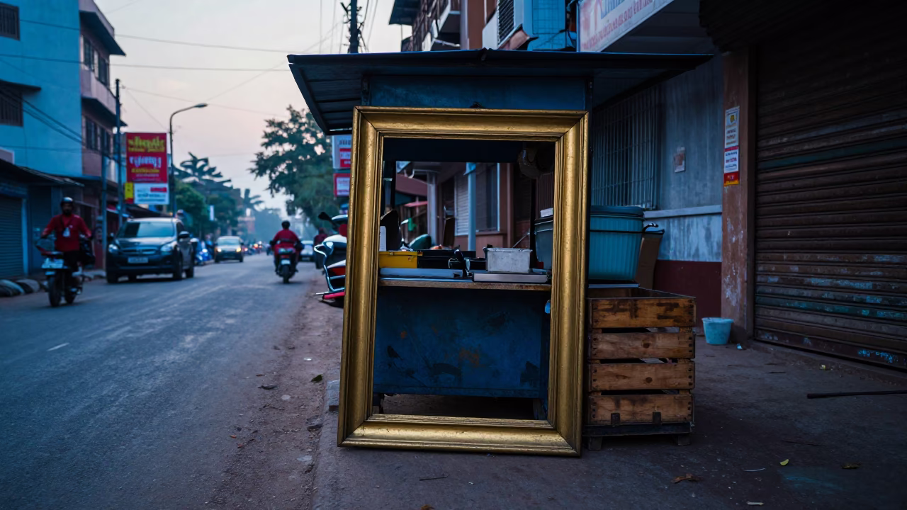 Early Morning Chennai Street Scene with Brass Frame and Blue Porcelain Bowl in in Chennai, India