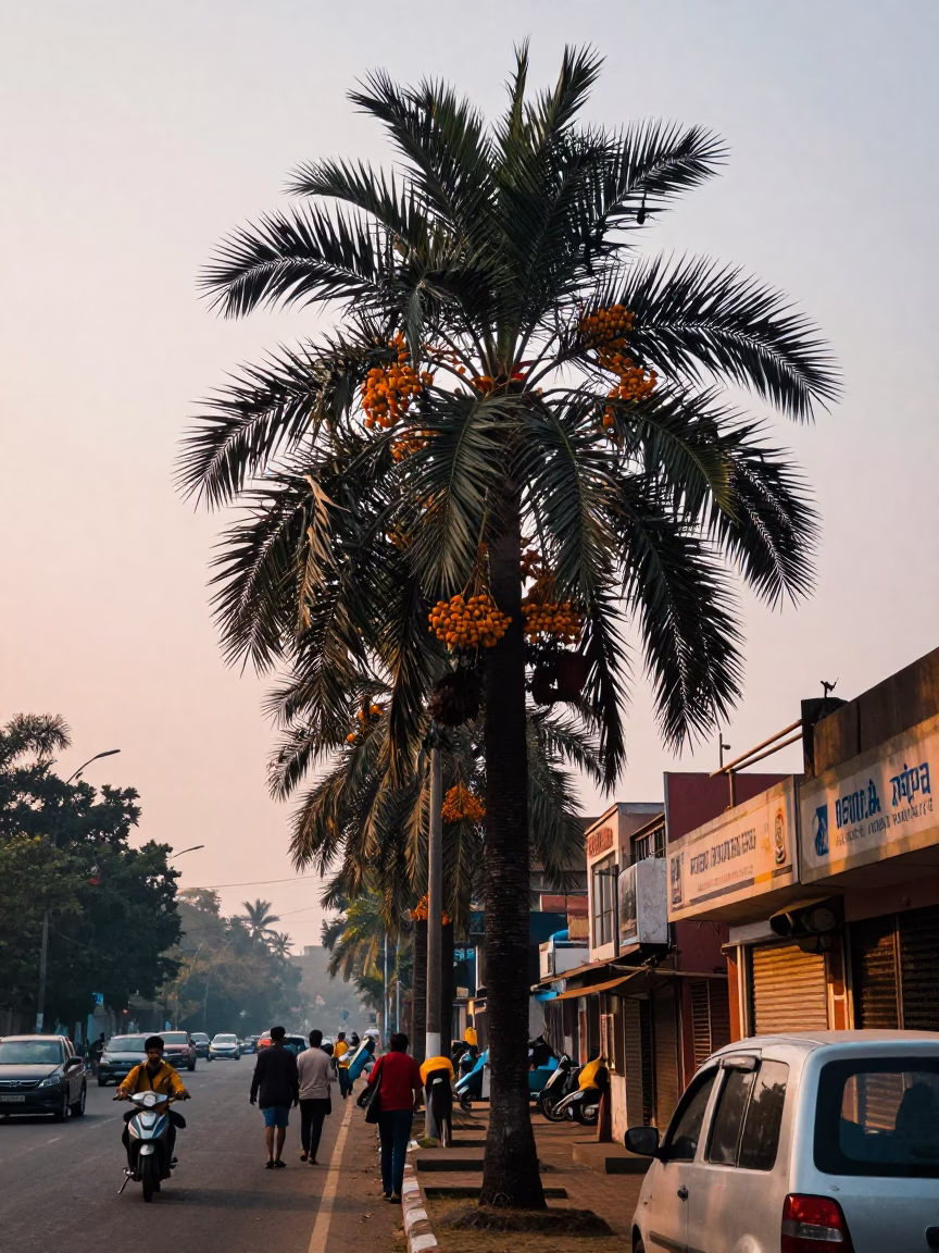 Early Morning Chennai Street Scene with Date Palm and Local Vendor Activity in in Chennai, India