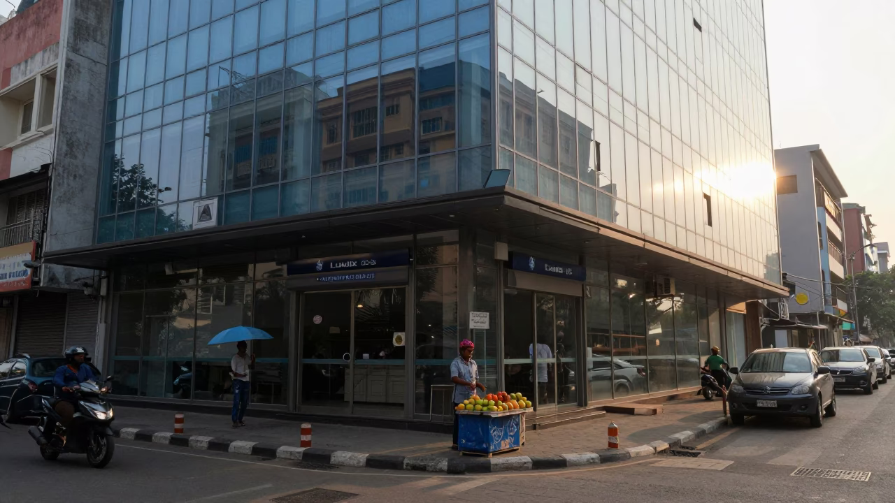 Early Morning Chennai Street Scene with Glass Facade and Urban Transit in in Chennai, India