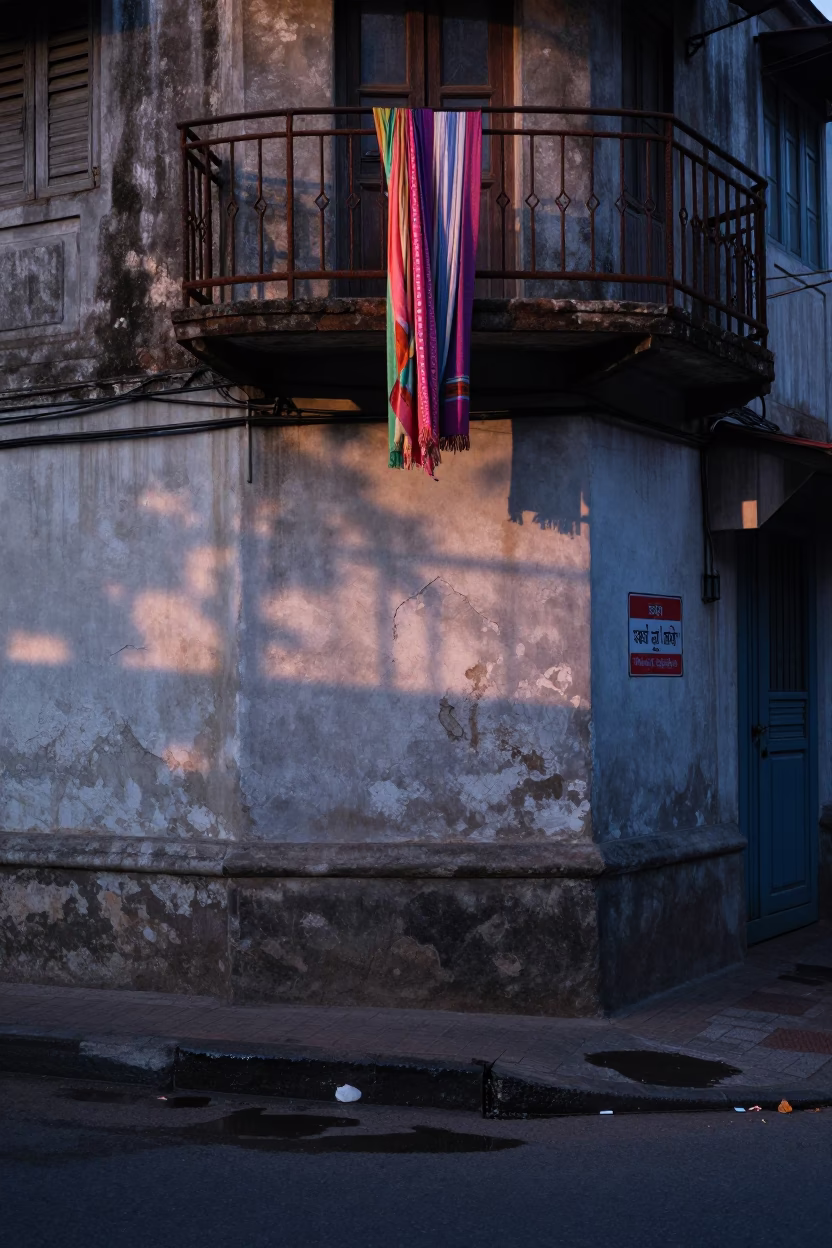 Early Morning Chennai Street Scene with Grease Sheen on Wall and Hanging Scarf in in Chennai, India