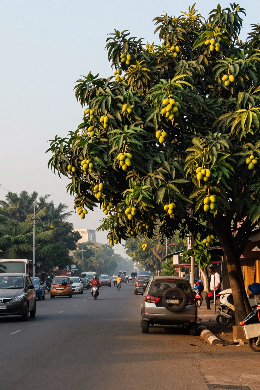 Early Morning Chennai Street Scene with Mango Tree and Construction Activity in in Chennai, India