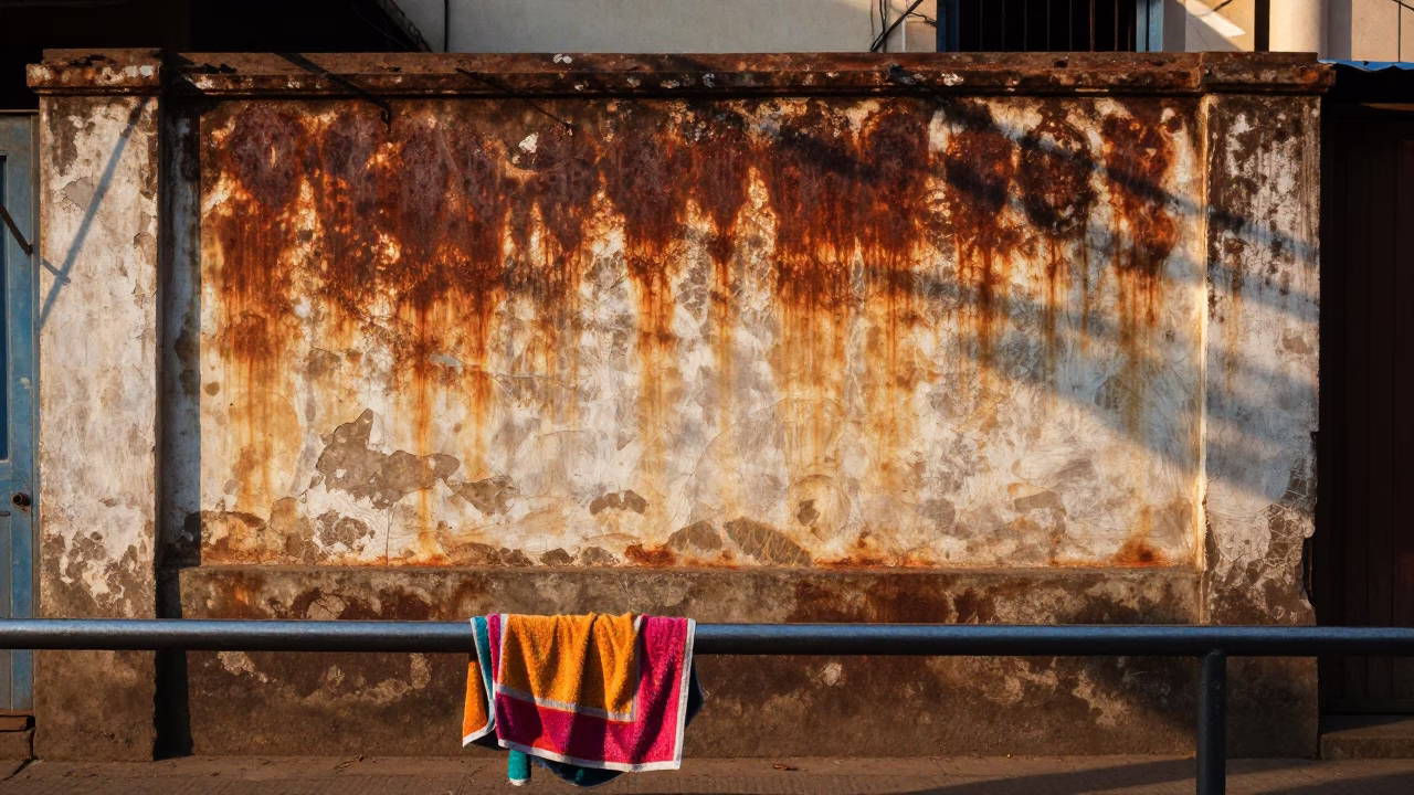 Early Morning Chennai Street Scene with Rusty Plaster Walls and Draped Towel in in Chennai, India
