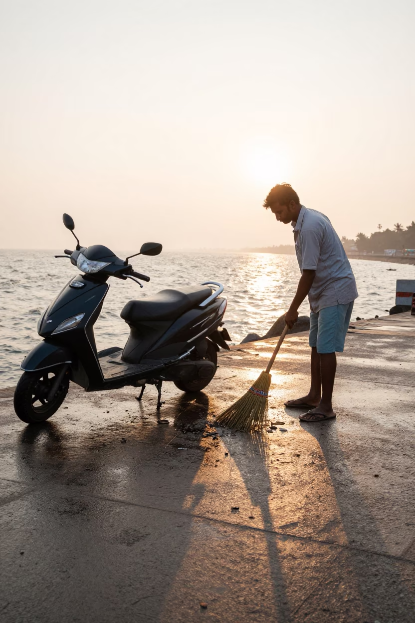 Early Morning Chennai Street Scene with Scooter and Broom in in Chennai, India