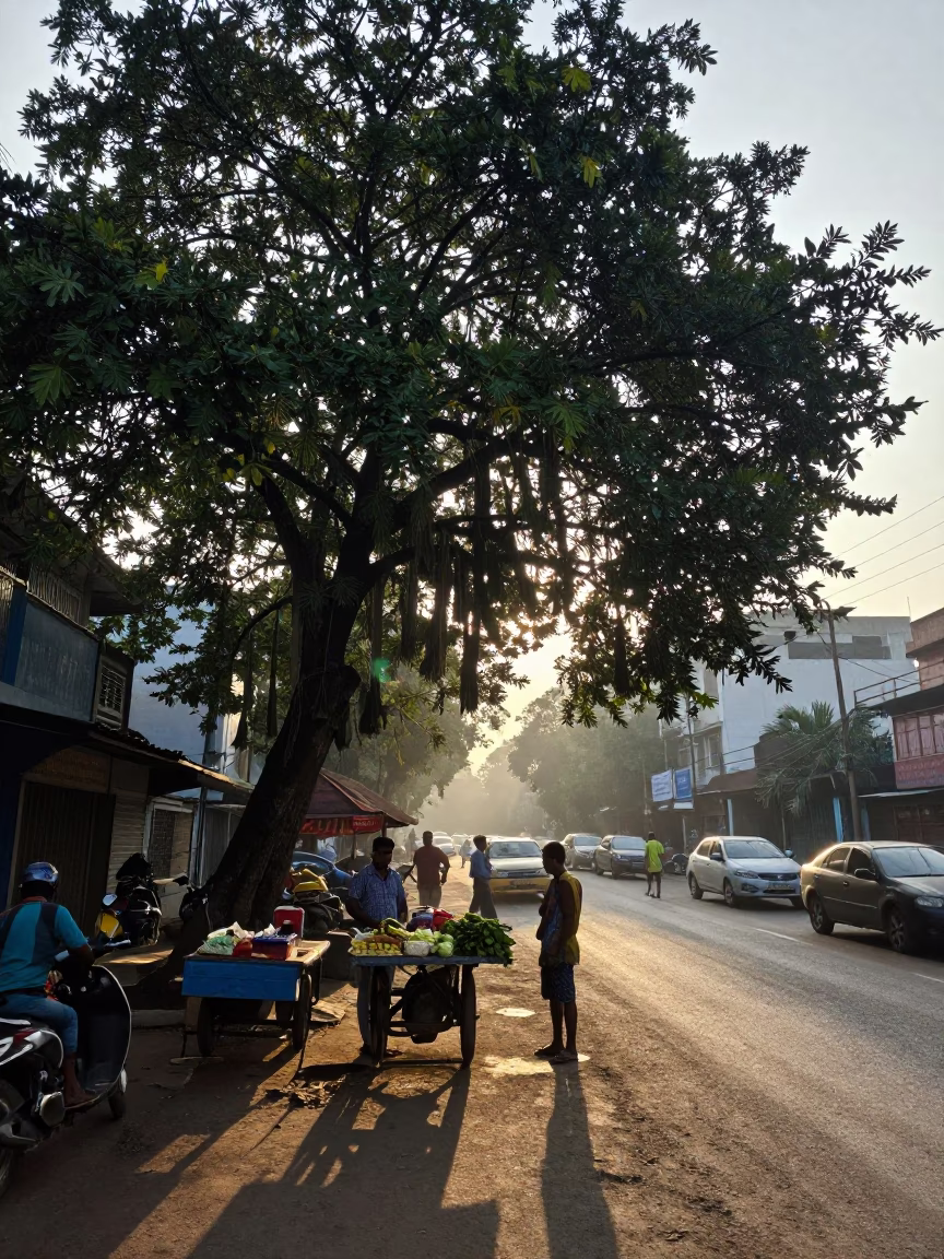 Early Morning Chennai Street Scene with Tamarind Tree and Local Vendors Before Sunrise in in Chennai, India