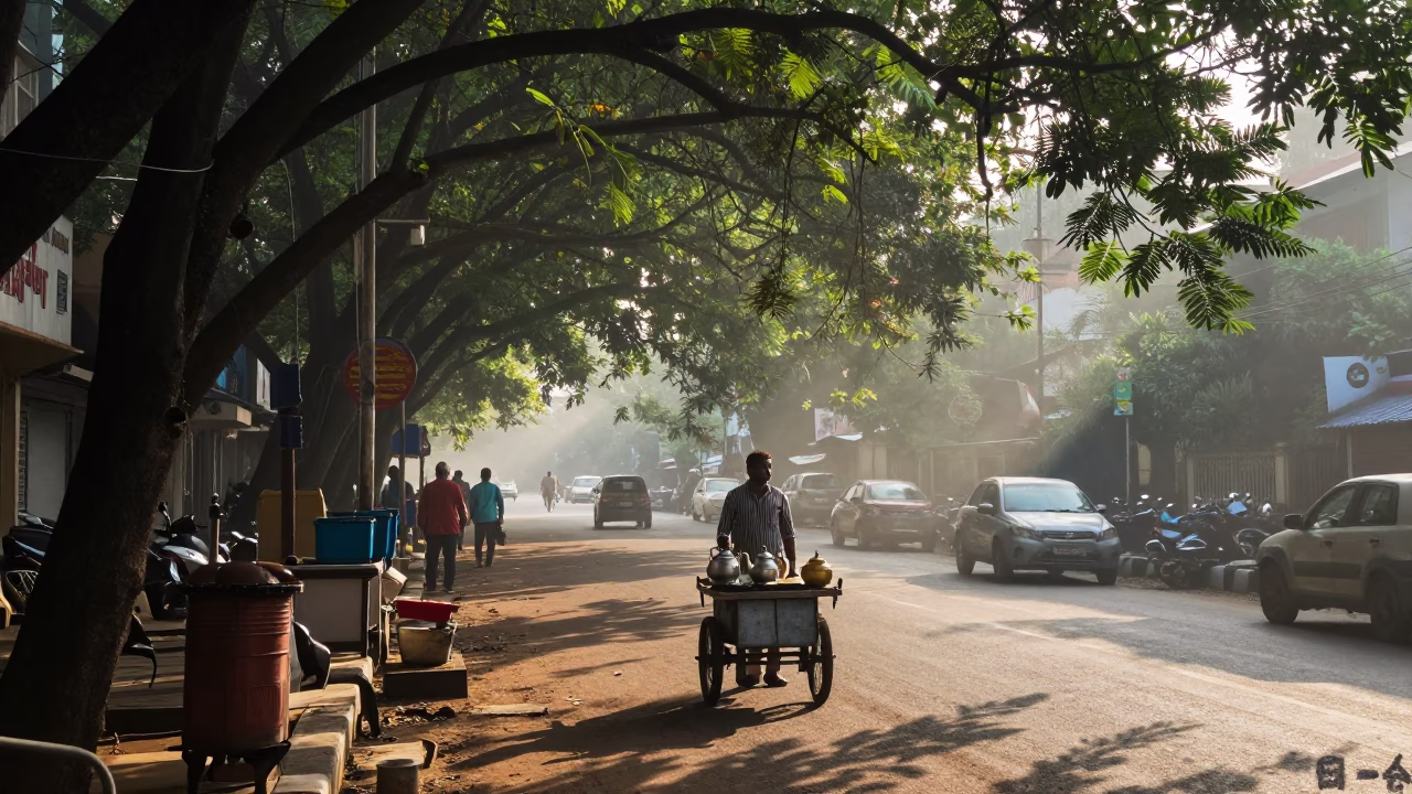 Early Morning Chennai Street Scene with Tea Kettle and Dented Metal Rim in in Chennai, India