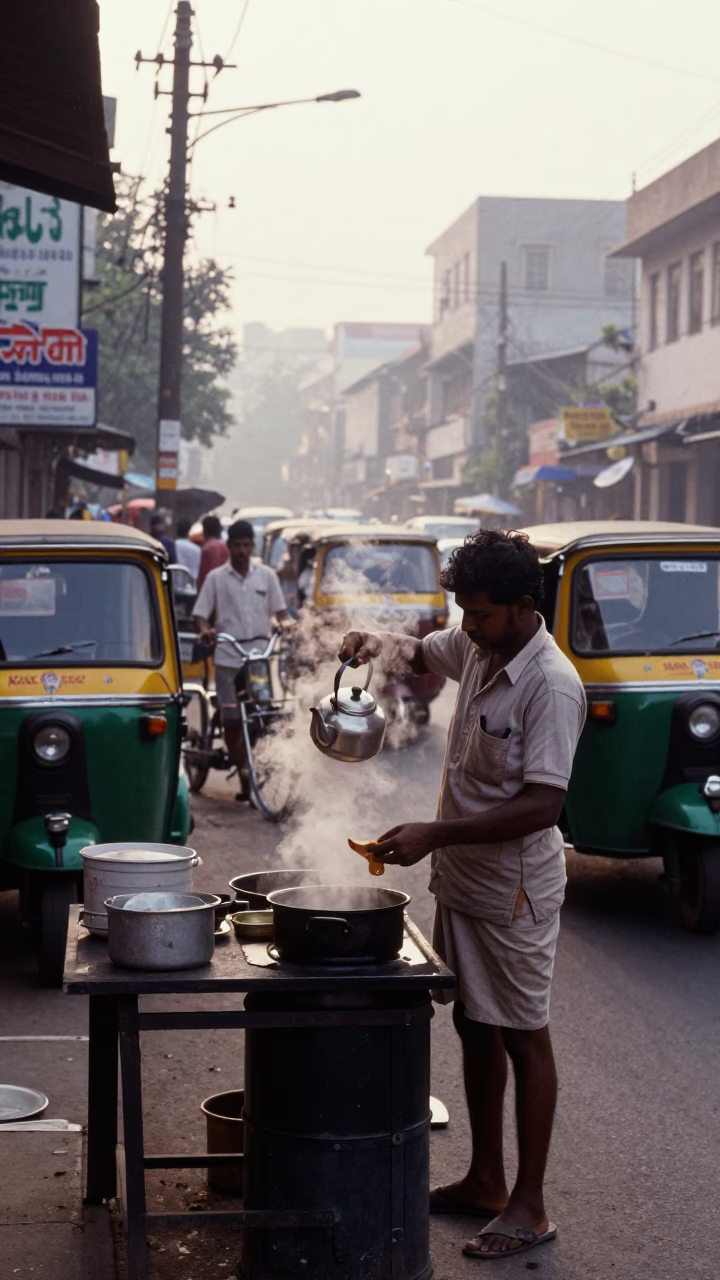Early Morning Chennai Street Scene with Tea Kettle and Local Vendor Interaction in in Chennai, India