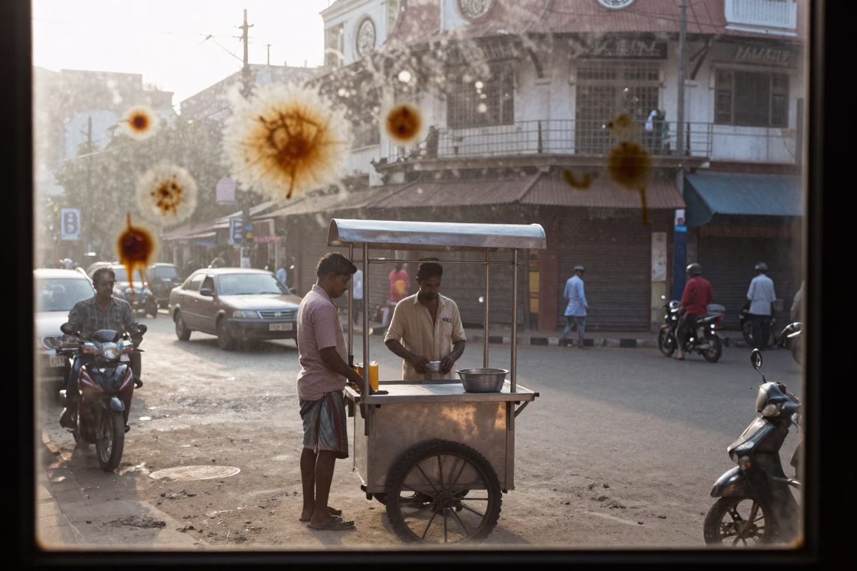 Early Morning Chennai Street Scene with Tea Stains on Glass and Local Market Activity in in Chennai, India