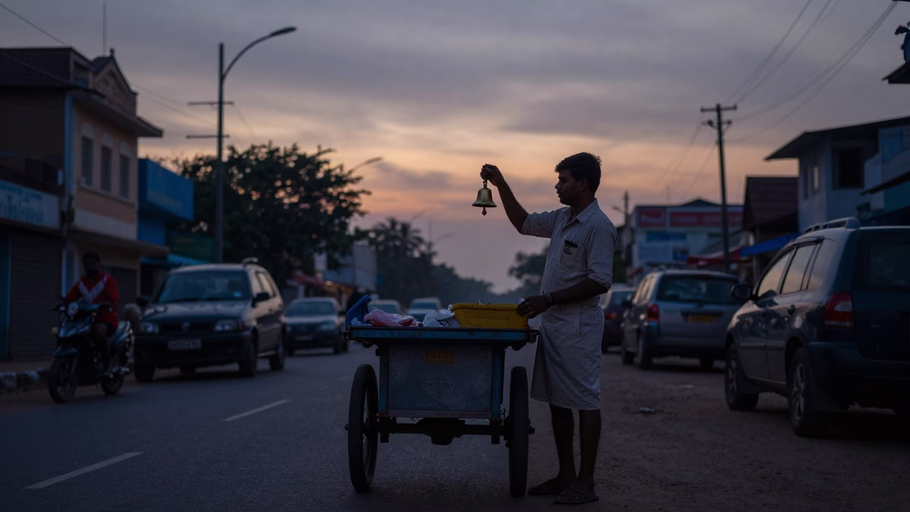Early Morning Chennai Street Scene with Vendor and Bell Before Dawn in in Chennai, India