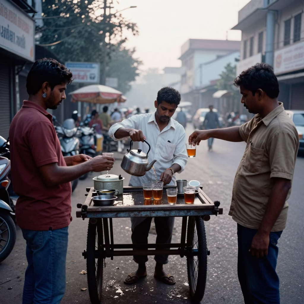 Early Morning Chennai Street Scene with Vendor and Customers in in Chennai, India
