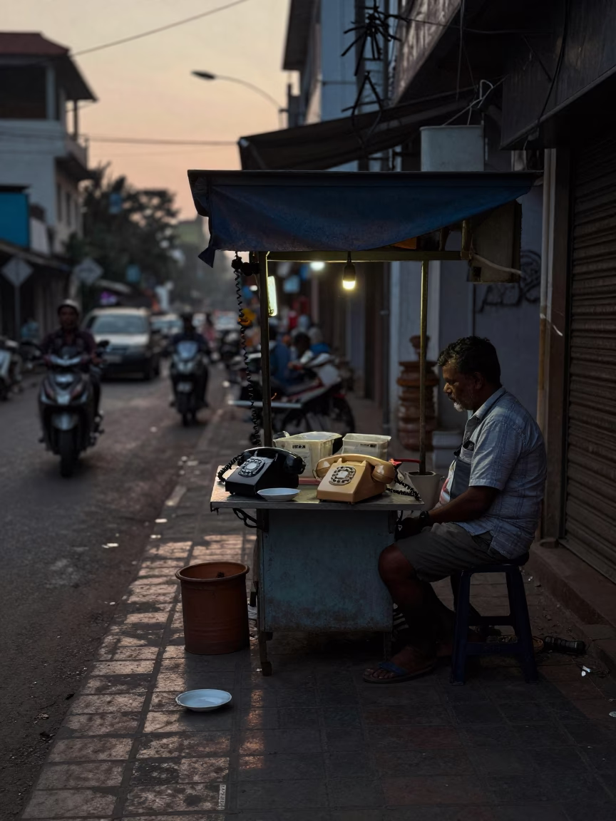 Early Morning Chennai Street Scene with Vintage Bakelite Telephone and Blue Porcelain Plate in in Chennai, India