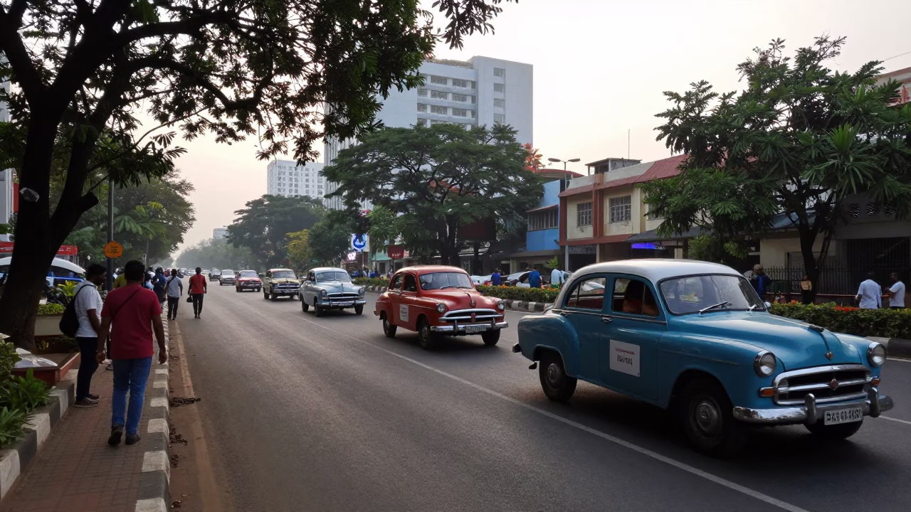 Early Morning Chennai Street Scene with Vintage Car Rally and Glass Jar in in Chennai, India