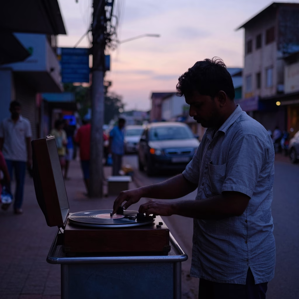 Early Morning Chennai Street Scene with Vintage Record Player and File Box in in Chennai, India